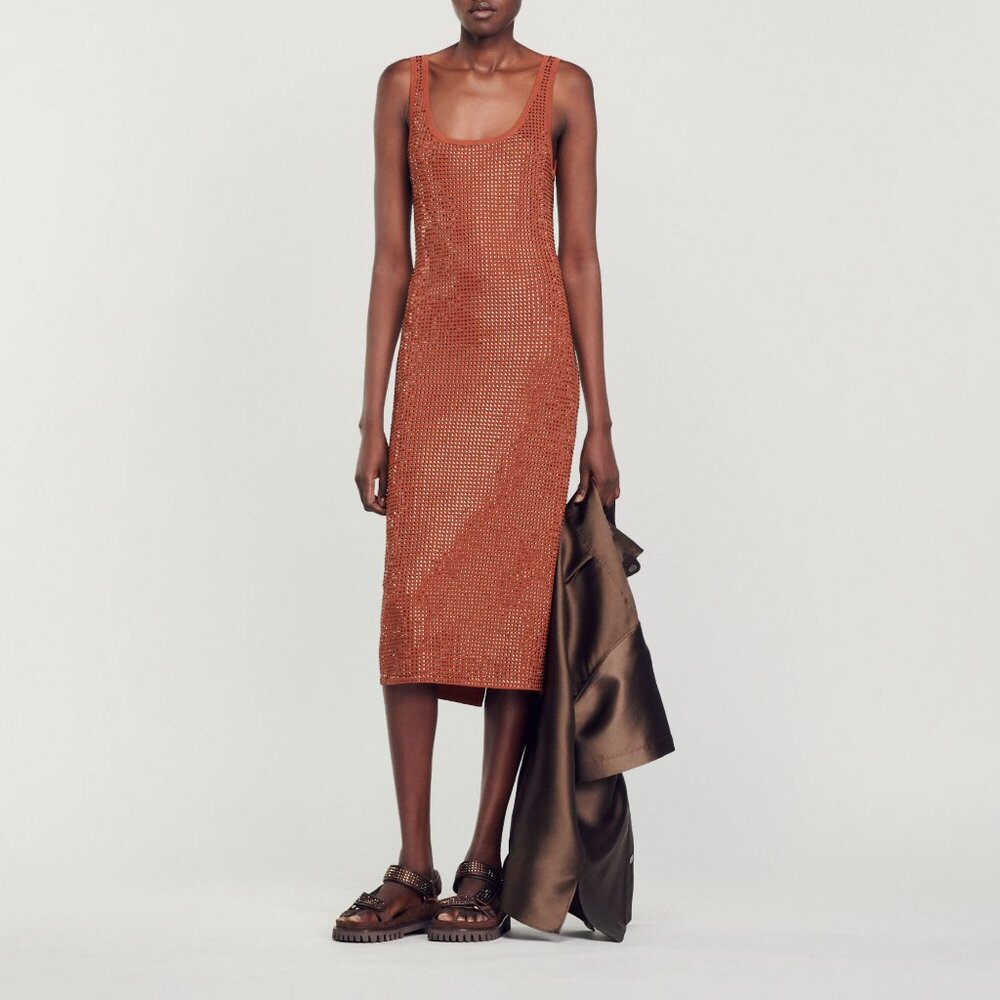 SANDRO Brown rhinestone-embellished midi dress